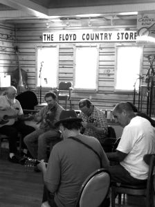 Sunday Old Time music jam at Floyd Country Store black and white photograph on andreabadgley.com