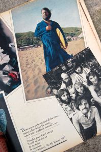 Brian Wilson in blue bath robe with surfboard. "Brian seems to be on acid all the time..." photo by Annie Leibovitz, on andreabadgley.com