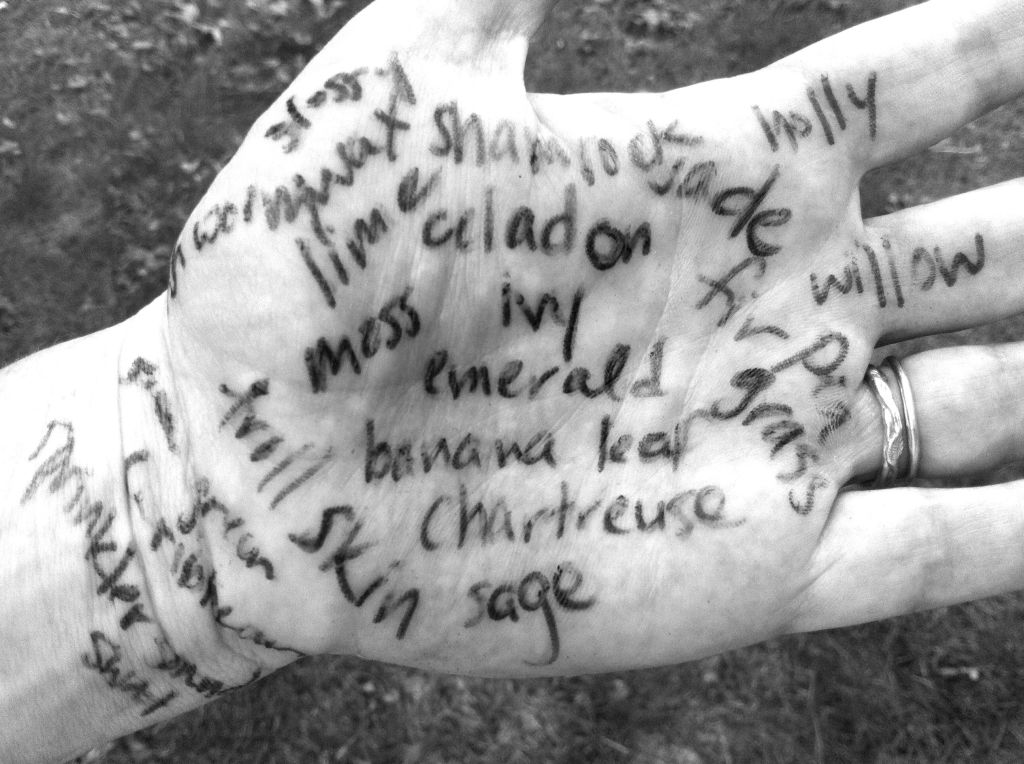 Writing on hand, synonyms for green on andreabadgley.com black and white photo