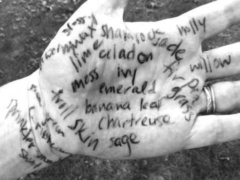 Writing on hand, synonyms for green on andreabadgley.com black and white photo