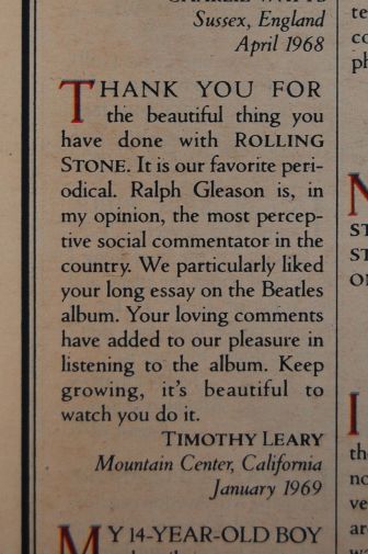 Letter from Timothy Leary to Rolling Stone magazine on andreabadgley.com