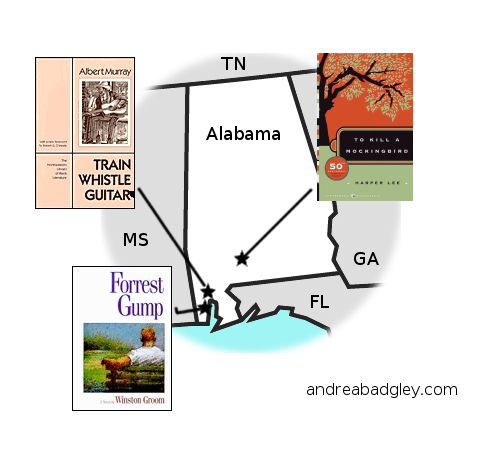 Andrea Reads America map of Alabama book selections on andreabadgley.com