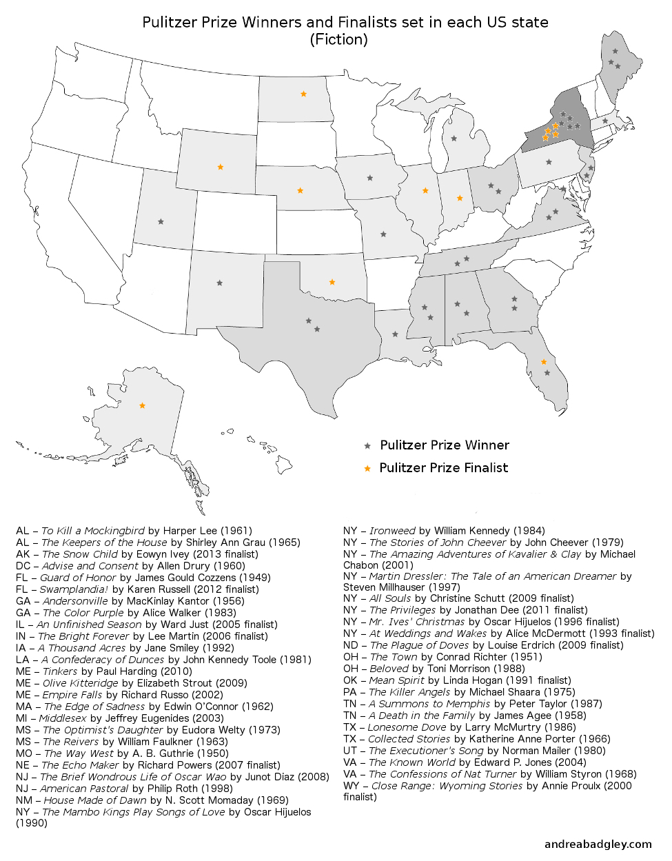 Map of Pulitzer winners and finalists set in each US state on andreabadgley.com