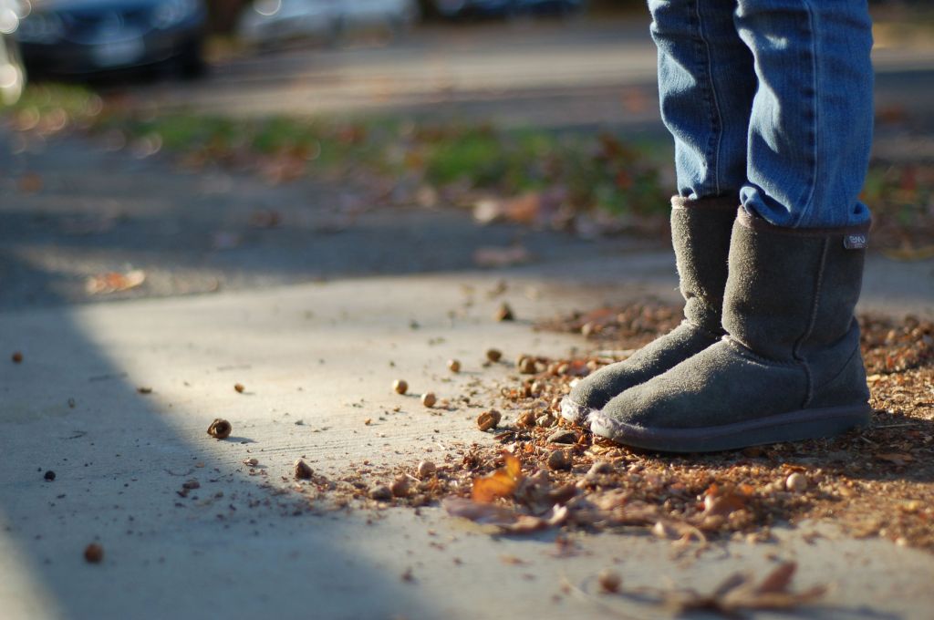 Photograph of kid boots at bus stop in fall