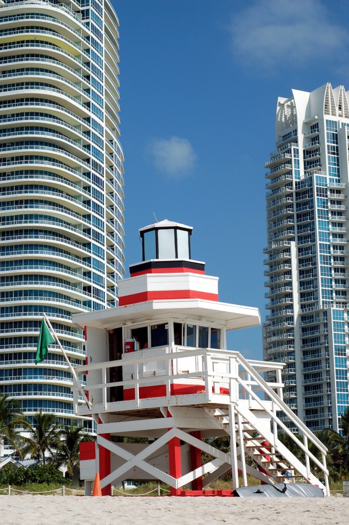 Red and white lifeguard stand, South Beach, Miami by Andrea Badgley on Butterfly Mind